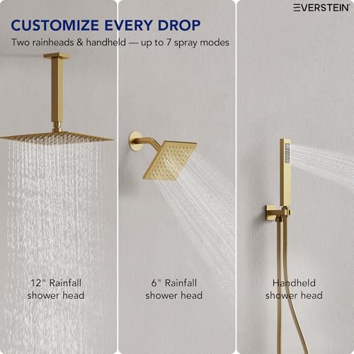 Image of Ceiling Mount 12 inch High-Pressure Rainfall Shower Faucet, Dual Rainfall Shower Head System with Valve (Brushed Gold)