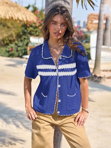 Image of Yousify Womens Casual Summer Short Sleeve Sweaters Button Down Crochet Knit Tops 2026 Loose Cute Cardigan Sweater