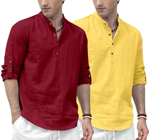 Image of Zombom Men's Combo Cotton Polyester Blend Solid Full Sleeve Straight Regular Fit Mandarin /Chinese Collor Kurta (Pack of 2)