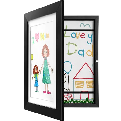 Marco para Dibujos Niños, Marco Infantil A4, Marco de arte para Niños,Capacidad para 150 Pinturas, Marco para Dibujos Niños blanco apertura frontal con iman, Proyectos Artísticos Infantiles, Negro