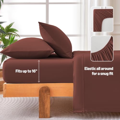 Image of Amazon Basics Jersey Knit 4-Piece Sheet Set, Wrinkle Resistant and Easy Fit, Includes 16 inch Deep Pocket Fitted Sheet, 1 Flat Sheet and 2 Pillowcases, Queen, Burgundy