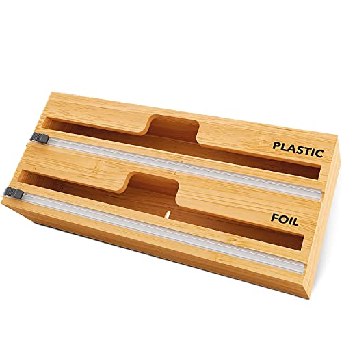 Runto Wickelspenderschneider, 2-in-1 Wrap Holz Aluminiumfolie Spender, Aluminiumfolie und Wachspapierspender, Frischhaltefolieschneider für Küchenschublade, Bambusrolle Organizer Halter (2-in-1) Cover