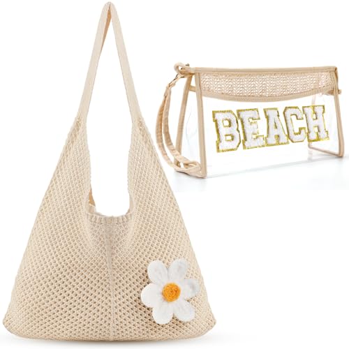 Image of Aliceset 2 Pack Crochet Mesh Beach Tote Bag with Letter Patch Pocket Summer Beach Tote Bohemian Straw Transparent Bag