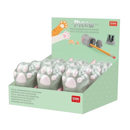 Image of Legami Meow Pencil Sharpener with Holder | 4.5 x 7 cm | Double Hole for Standard and Jumbo Pencils | Lockable Lid | Chip Tank | Built-in Mirror
