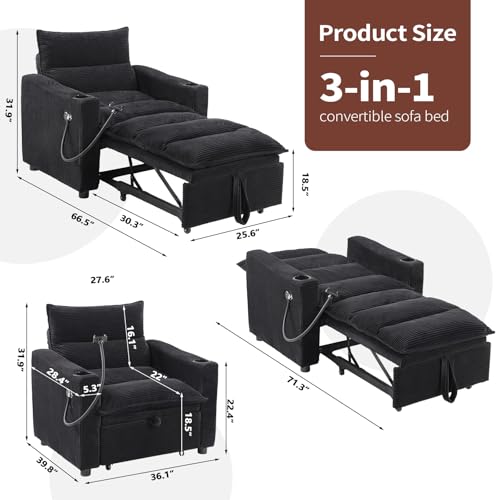 Image of Corduroy Sleeper Sofa Bed with Cup Holders, 3-in-1 Convertible Pullout Futon Couch with Phone Holder&USB Charge Port, Single Armchair with 3-Level Adjustable Backrest for Living Room