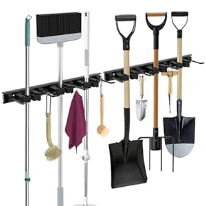2-Pack Broom Holder – Broom Storage Hooks Wall Mount Heavy Duty, Iron-Carbon Alloy Rack with 3 Racks & 4 Hooks, Easy Installation, Garage & Laundry Storage for 25-35cm Tools