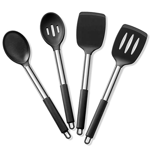 Comparison: Best Nonstick Spoon Set 3 E-far Cooking Utensils Set of 4, Silicone Kitchen Utensils for Non-stick Cookware, Heat Resistant & Non-toxic Slotted Spatula Solid Spoon Turner for Flipping Mixing Serving Basting(Black)