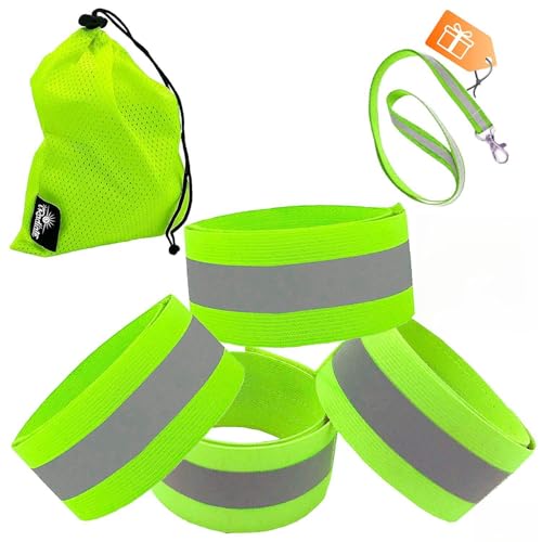 GBBO iRadiate Reflective Bands Reflector Running Gear - Adjustable Reflective Armband Arm Wrist Ankle Leg Band - Reflective Tape Strap for Clothing Biking and Safety Night Walking (Bands4 Green)