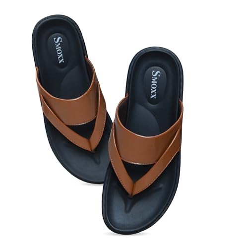 Image of Men's Solid Casual Flat Slipper, Faux Leather Slip-on V-Strap Fashion Slipper For Men