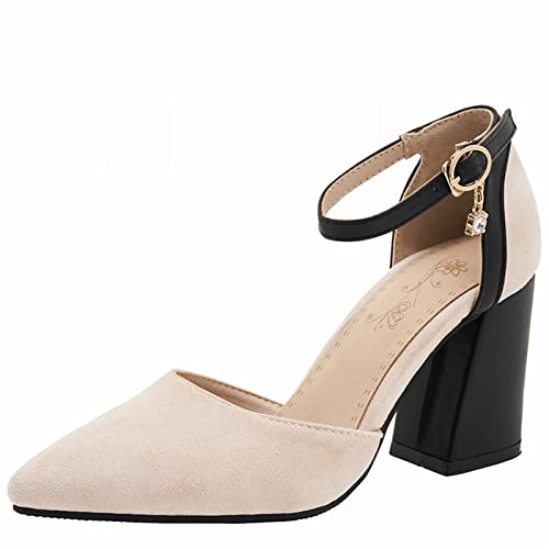 KISSYAYA Femmes Escarpins Bout Pointu Talon Bloc Bride Cheveille(38 EU,Beige) Cover