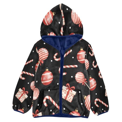 Christmas Ornaments on Black Toddler Fleece Jacket Girl Boys Hooded Fleece Jacket Coat Warm Outwear Zip-up 3-10T