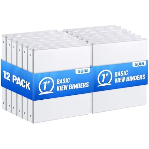 SUIN 1'' 3 Ring Binder -1 inch View Binders with Round Ring Binders, Large 200 Sheet Capacity, Fit 8.5" x 11" US Letter Size Paper, 12 Pack White (1-inch) Cover