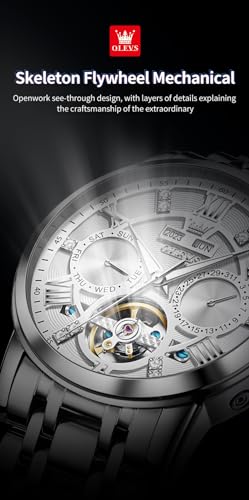 Image of OLEVS Mens Automatic Mechanical Watch Skeleton Tourbillon Luxury Dress Stainless Steel Wrist Watch