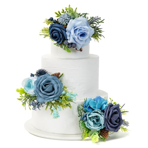 TINGE TIME 3Pcs Wedding Cake Topper Pre-made Set, Navy Blue Artificial Wedding Cake Flower for Reception & Anniversary, Silk Floral Wedding Toppers for Cake, Valentines Cake Topper Decorations