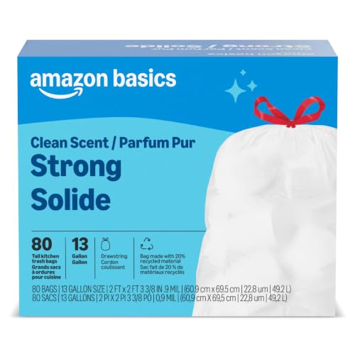 Amazon Basics Tall Kitchen Drawstring Trash Bags, Clean Scent, 13 Gallon, 80 Count, Packaging May Vary