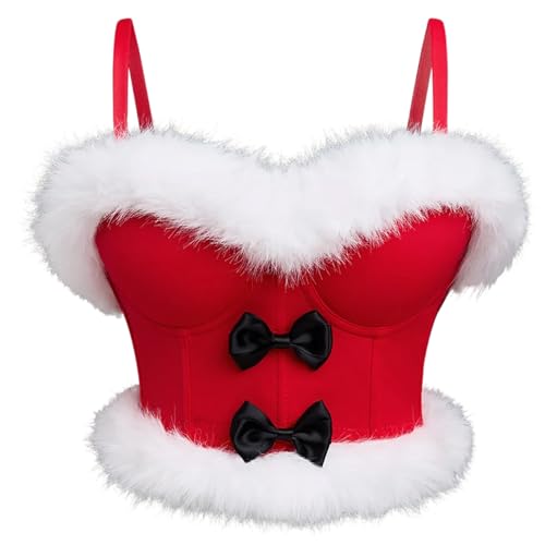 Bustier de Noël rouge en fourrure pour femme avec corset à bretelles
