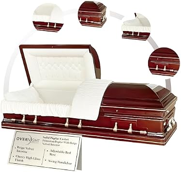 Overnight Caskets Princeton Poplar Wood Funeral Casket with Beige Velvet Interior - Premium Solid Poplar Wood - Fully Appointed Adult Casket - Handcrafted Hardwood Coffin with Pillow & Throw Set