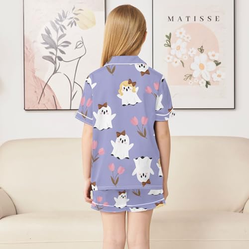 Satin Pajama Sets Short Sleeve Cute Ghosts with Flowers Pattern Button Down Silky Nightwear 2 Piece PJS 5-14Y4