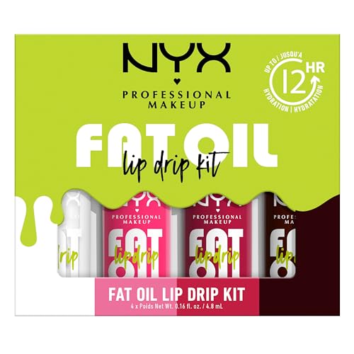 NYX Professional Makeup Lip Gloss, High Shine, Non-Sticky Finish, 12 Hours Hydrating, Fat Applicator, With Squalane, Raspberry and Cloudberry Oils, Fat Oil Lip Drip, Pack of 4