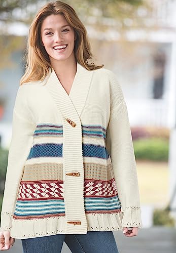 Woman Within Women's Plus Size Aztec Print Cardigan - L, Navy Jacquard Blue #TOP3