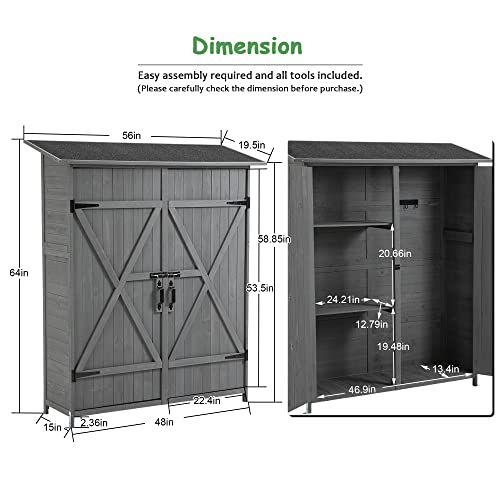 Weashume Outdoor Storage Cabinet, Wooden Storage Shed With Lockable Door, Tool Storage Shed Outdoor Storage For Backyard, 56”L X 19.5”W X 64”H Gray #TOP2