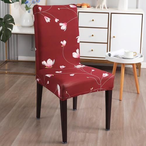 Image of Stretchable Dining Chair Cover - Washable, Removable, Anti-Slip, Protector, Universal Fit (Set of 4, Maroon Floral Vine)