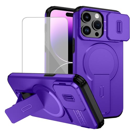 Tothedu Coque pour iPhone 14 Pro Max avec protection d'écran en verre trempé, compatible avec MagSafe, housse d'appareil photo, béquille pour iPhone 14 Pro Max, violet
