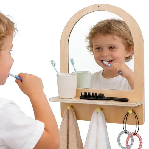 Montessori Wooden and Acrylic Mirror for Toddlers Wall Mount Mirror with Hooks & ShelfShatterproof Natural Wood Easy Assembly Furniture for Entryway Nursery Living Room Hallway Bathroom