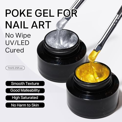 MIZHSE Gold and Silver Poke Gel Nail Polish, with Professional Poke Foundation Gel and Brush Tool, Multifunctional Drawing Painting Nails Art Design Lace Letter Wave Flower Manicure DIY Home — view 2