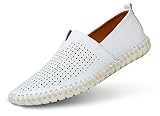 Men's Genuine Leather Loafer Shoes Slip On Soft Walking Shoes Perforated Driving Shoes,Holing White,47EU=12 M US