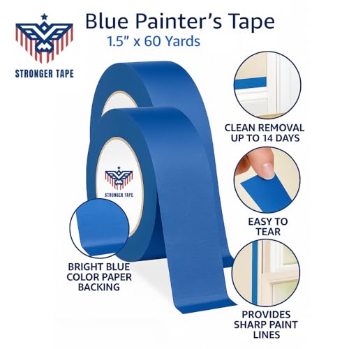 Image of Blue Painter's Tape 1.5 inch x 60 Yards - Easy-Release Masking Tape for Painting, Clean Removal, No Residue - Multi-Surface Use on Walls, Trim, Glass & Wood - Professional-Grade Adhesive (8 Rolls)