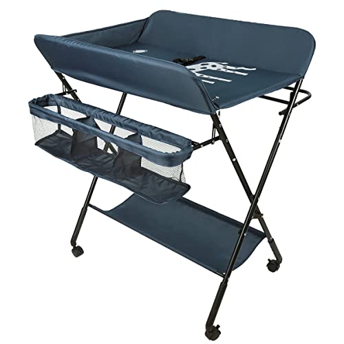 Belfoyer Wickeltisch, faltbar und tragbar, Wickeltisch mit 4 Rollen, tragbare Wickelstation, 80 x 66 x 92-98 cm (dunkelblau)