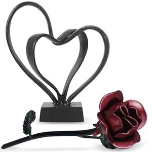 DreamsEden Cast Iron Interlock Hearts & Rose Sculpture, Anniversary Romantic Gift for Couples, Valentines Wedding Keepsake, Home Decor Statue