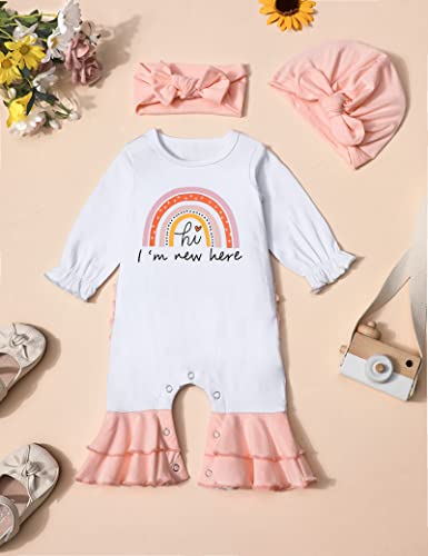 Agapeng 0-3 Months Baby Girl Clothes Baby Girl Outfits 0-3 Months Baby Girl Onesies Boho Hi I'm New Here Romper Baby Girl Outfit Rainbow Bell Bottom Jumpsuit Coming Home Outfit With Headband Hat #TOP7