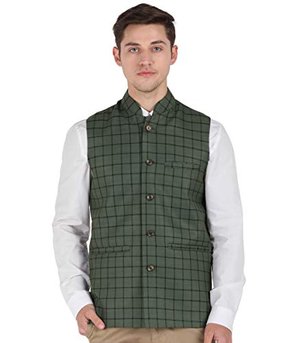 Image of Men's OLIVE GREEN & BLACK Checkered Bandhgala Ethnic Nehru Jacket Waistcoat