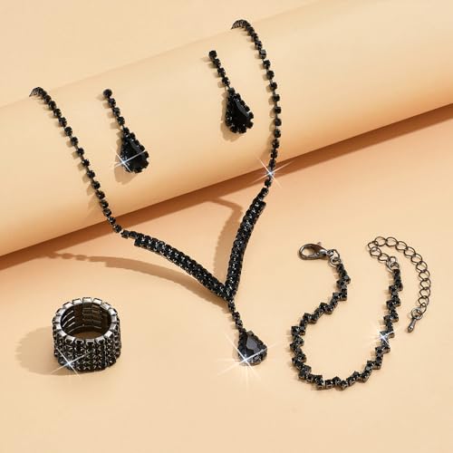 Hanfluenve Crystal Necklace and Earrings Set Statement Choker Earrings Bracelet Set Silver Rhinestone Prom Dresses Costume Accessories for Women Bridal Wedding Jewelry Set (Black) — view 3
