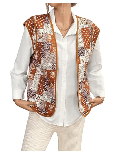 MakeMeChic Women's Floral Open Front Puffer Vest Jacket Sleeveless Lightweight Quilted Jackets