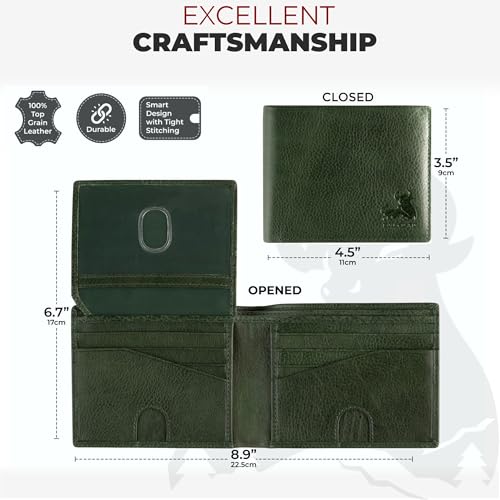 RFID Bifold Leather Wallet For Men with Flip Up ID in Vintage Buffalo Brown, Buffalo Wild Green Trail, 3.5" x 4.5", Classic