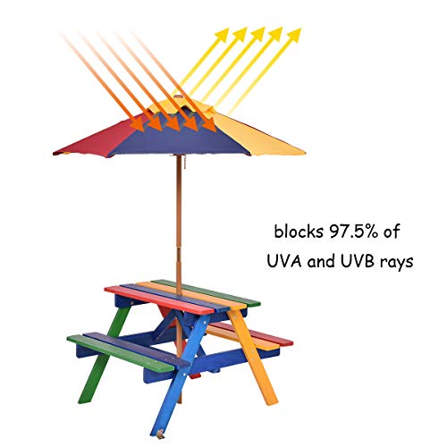 Kotek Kids Picnic Table With Umbrella Foldable & Removable, Outdoor Fir Wood Table And Benches For Eating & Playing, Toddler Activity Table For Backyard, Patio & Garden, Gift For Ages 3-8 (Rainbow) #TOP3