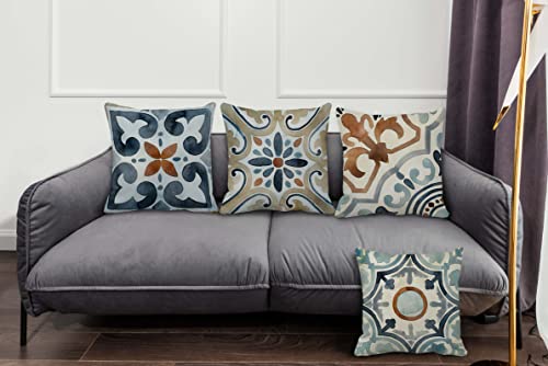 Boho Themed 18’’X18’’Set Of 4 Watercolor Boho Vintage Spanish Tile Exotic Retro Floral Mandala Decorative Throw Pillow Case,Bohemian Home Patio Garden Balcony Bench Decor,Gifts For Boho Lovers Women #TOP1