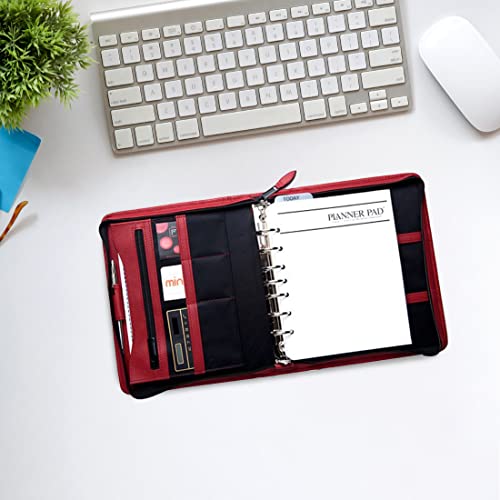 Planner Pad 7 Ring Loose Leaf Personal Size Cover, Fits 6 3/4” X 8 1/2" Size Planner Pages, Red Leather #TOP1