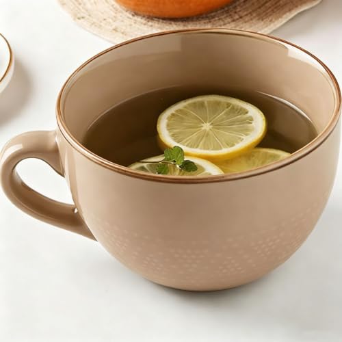 Disoza Large Coffee Cup Ceramic Soup Mug with Handles 24 Ounce Oversized Mugs Bowl Porcelain Coffee Tea Cup Beige XXL Cereal Bowls Soups Ramen Salad Bowl Cappuccino Cups Large Soup Bowl
