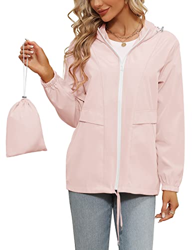 Tisfeer Regenjacke Damen Dünn Leicht Wasserdicht Windjacke Laufjacke Wandern Reisen Fahrrad Regenmantel(Rosa,L)