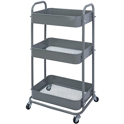 Image of YOHKOH 3-Tier Metal Rolling Utility Cart, Storage Trolley Cart with Mesh Baskets and Lockable Wheels for Bathroom Kitchen Office(Grey)