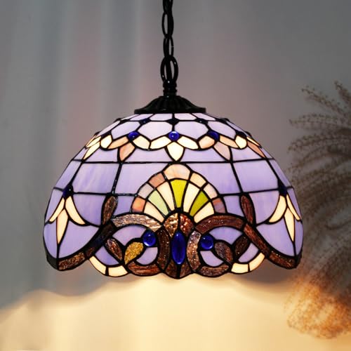 Image of 12 Inch Tiffany Lamp shade Replacement Only(Blue Purple Baroque) | Stained Glass Lampshade Only 1-5 /8-Inch Fitter Opening for Arched Floor Lamp, Torchiere Lamp, Pendant Light