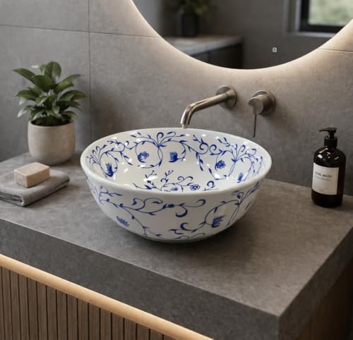 Image of BASSINO 15x15x6 Inches Table Top Washbasin /Premium White-Blue Ceramic Wash Basin /Designer Basin for Bathroom,Home,Hotel /Round Shape Sink /Small Wash Basin(Glossy)
