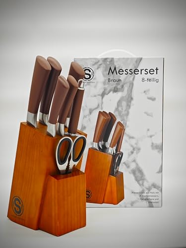 Sharpwoods Premium Messerset, 8-Teilig, Holzblock aus Kiefer, Edelstahlklingen mit Küchenschere und Wetzstahl, Ergonomische Griffe (Braun)