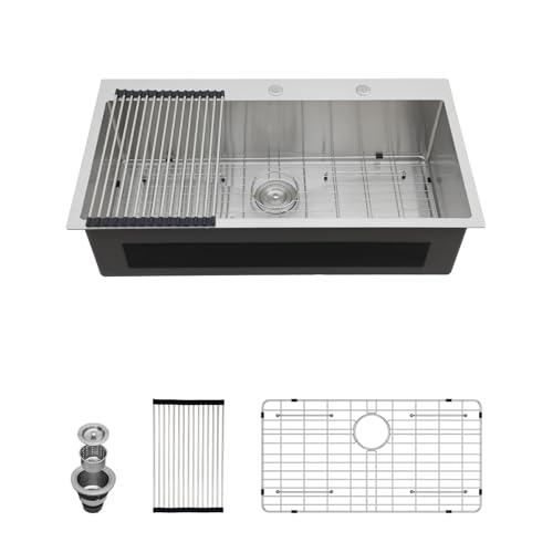 Image of Kichae 36 Drop In Kitchen Sink - Stainless Steel Sinks 36 x 22 Inch Topmount Overmount Single Bowl Handmade Basin with Accessories