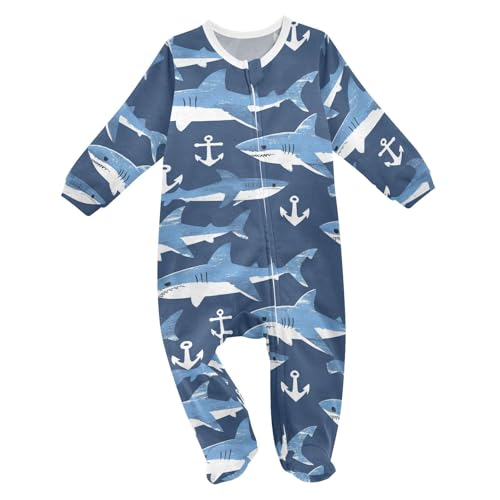 Wusikd Sharks One-Piece Footies White Anchors Bodysuit Rompers Zipper for Boys Girls 6M