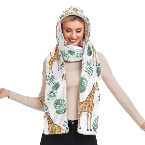 Bonnet d'hiver chaud 3 en 1 pour femme avec écharpe et poche à gants motif girafes